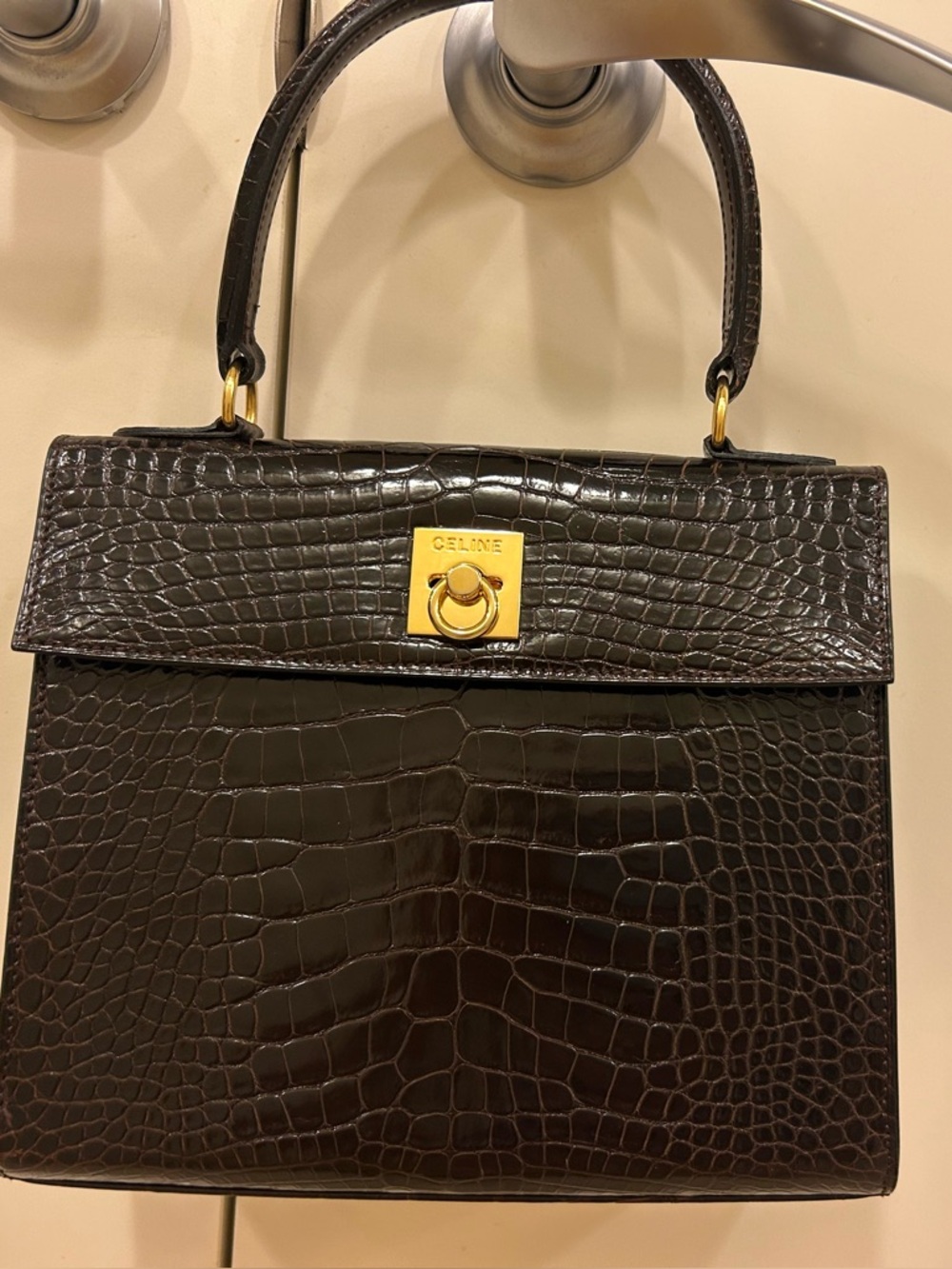 Vtg Celine logo ring dark brown Croc-Embossed exotic skin Top Handle Bag purse - Picture 3 of 16
